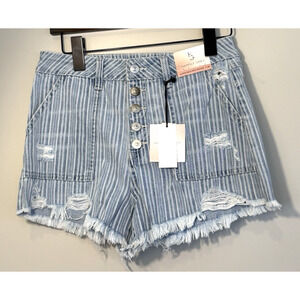 Happily Grey Super High Rise Wedge Stripe Button Fly Distressed Jean Shorts 7/28